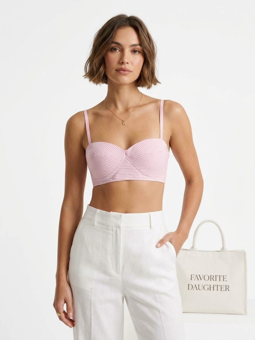 Favorite Daughter Pink White Striped Bustier Crop Top XS Smocked Bralette